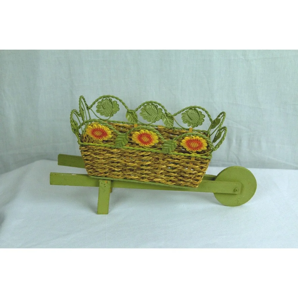 Vintage Style Wicker Wheelbarrow Planter Sunflower Metal Garden Decor Green
